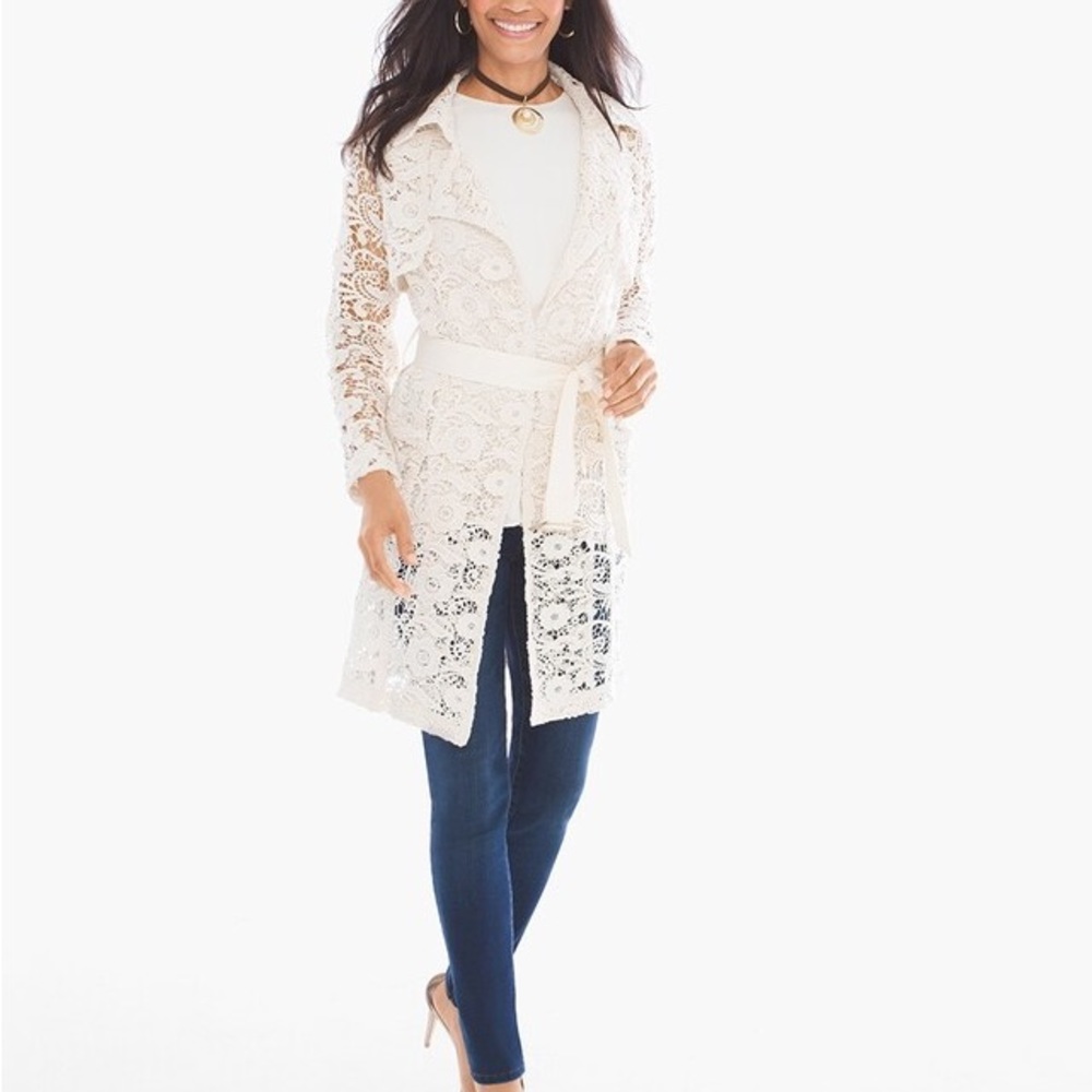 Chico’s Ivory Cream Eyelet Lace Trench Jacket Cardigan Long Sleeve Size 1